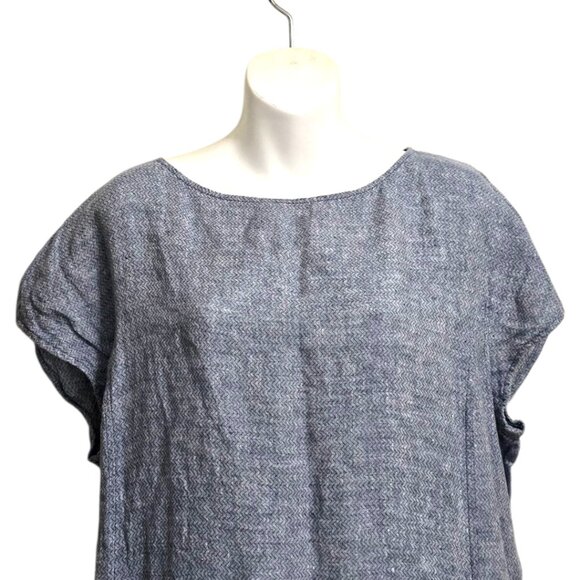 Eileen Fisher Blue Chevron Cap Sleeve Organic Linen Shift Dress Sz XL - Picture 3 of 10